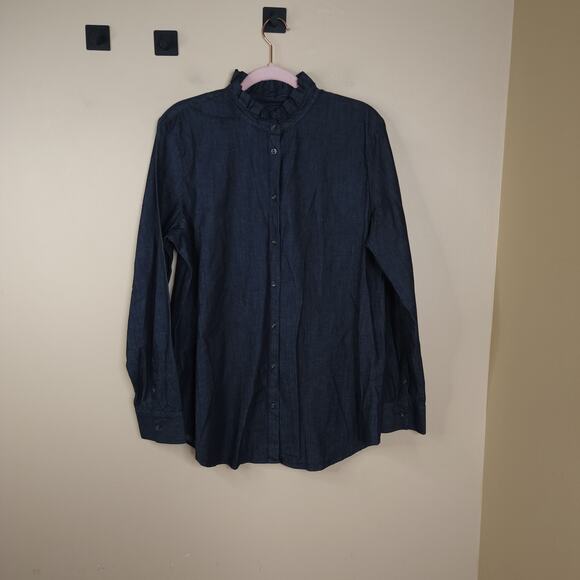 Banana Republic Dar Wash Denim Ruffle Dillon Button Down Shirt Size XL - Picture 1 of 9